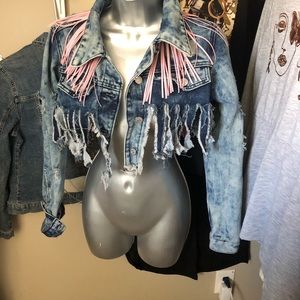Denim crop pink pu fringe